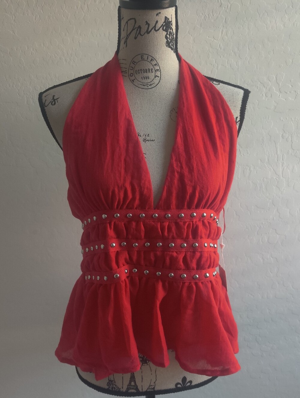 🆕 Lotus & Lavender Red Halter Studded Waist Peplum Backless Cotton-blend Top_XL